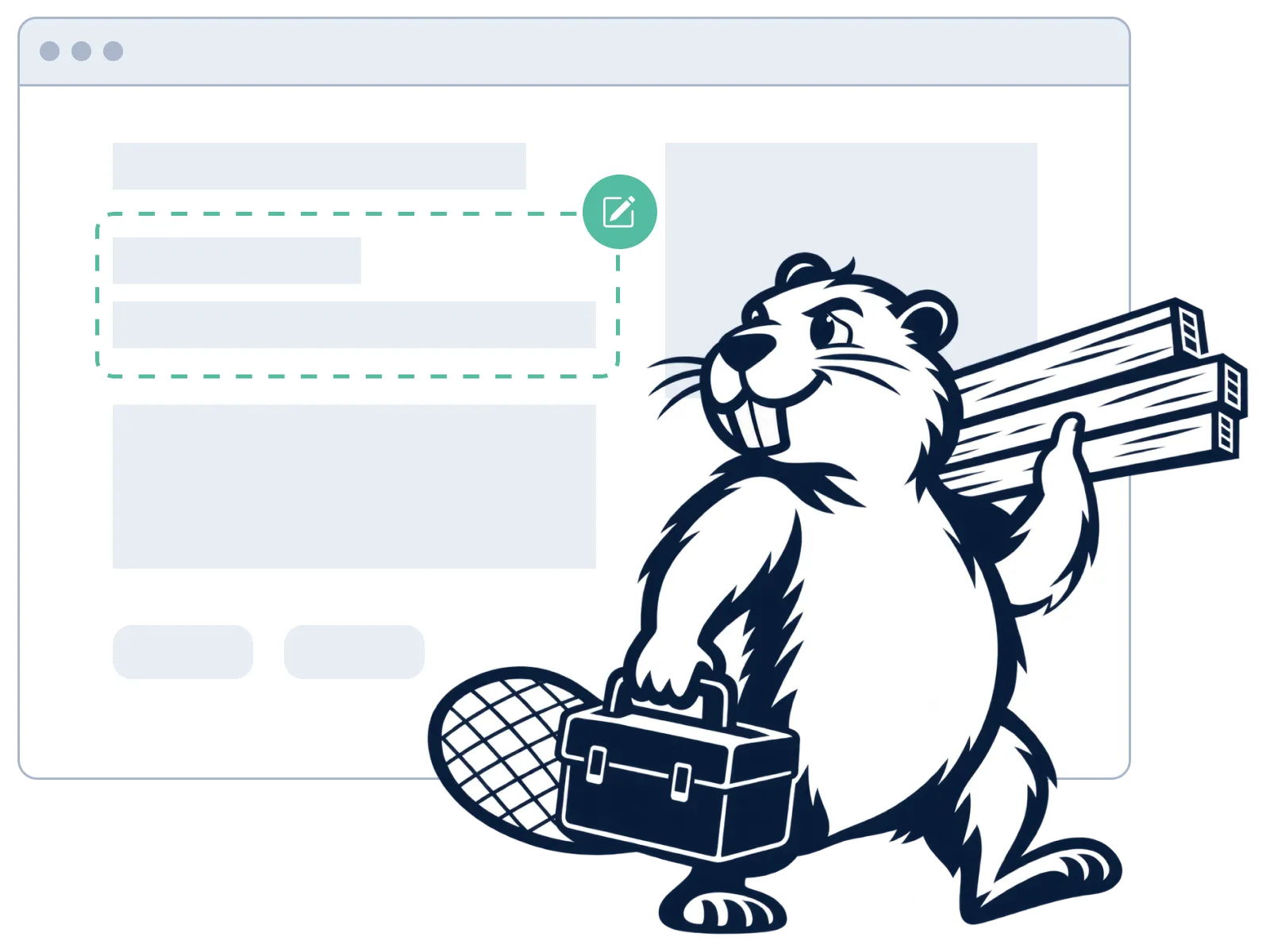 biberblog beaver with a toolbox and planks in front of a website with an editable text field