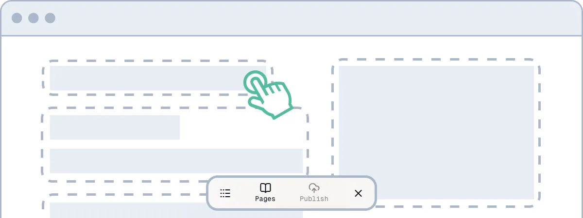 Website in editor mode: editable areas are outlined, a cursor clicks a text block, the editor toolbar sits below
