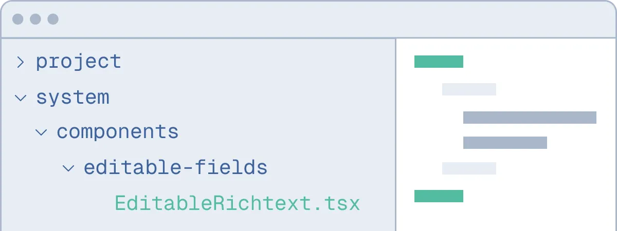 Project file tree with the editor component EditableRichtext.tsx under system/components/editable-fields
